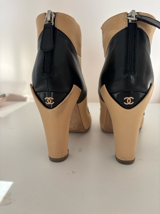 CHANEL Shoes - CHANEL Black and Beige Leather Heeled Ankle Boots